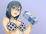  bikini bikini_top breasts cleavage face glasses haganemaru_kennosuke konori_mii large_breasts messy milk milk_carton polka_dot polka_dot_bikini polka_dot_swimsuit solo swimsuit to_aru_kagaku_no_railgun to_aru_majutsu_no_index 