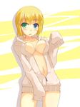  blonde_hair bottomless breasts coat heterochromia kuro_(be_ok) medium_breasts navel open_clothes open_coat original oversized_clothes short_hair solo 