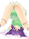  ass bent_over breasts cameltoe covered_nipples hair_bobbles hair_ornament katatsuka_kouji kneepits large_breasts md5_mismatch panties pleated_skirt purple_eyes purple_hair skirt solo thong top-down_bottom-up twintails underwear upside-down wrestle_angels yuuki_chigusa 