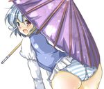  ass ayase_miko blush from_behind heterochromia looking_back open_mouth panties purple_umbrella smile solo striped striped_panties tatara_kogasa touhou umbrella underwear 