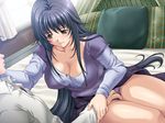  1girl bed blue_hair blush breasts cleavage covered_nipples curtains game_cg kawai_masaki kokubunji_kotomi large_breasts long_hair miboujin panties pillow purple_panties sitting skirt skirt_lift smile thighs underwear very_long_hair window wrist_grab yellow_eyes 