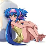  1girl barefoot blue_hair child dress feet green_eyes headband klan_klein long_hair macross macross_frontier meltrandi mikhail_buran no_panties pointy_ears twintails very_long_hair yumegi_atsuki zentradi 