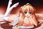  absurdres ass blonde_hair blue_eyes bottomless bra breasts cleavage copyright_request feet highres huge_breasts lingerie long_hair looking_at_viewer luna_lia lying on_stomach open_mouth smile solo thighhighs underwear white_legwear 