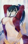 absurdres black_hair breasts censored convenient_censoring highres large_breasts long_hair mitama_~shinobi~ mouth_hold navel ponytail ran_(mitama_~shinobi~) ribbon solo tanaka_takayuki 