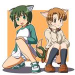  animal_ears brown_eyes brown_hair collar fang fujimoto_atsuko green_eyes green_hair lielos multiple_girls no_pants original panties pantyshot pantyshot_(squatting) raglan_sleeves school_uniform shoes short_hair sneakers squatting striped striped_panties tail underwear 