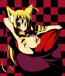  ahoge animal_ears blonde_hair breasts checkered checkered_background drill_hair fox_ears hayate_no_gotoku! highres hoppege large_breasts long_hair red_eyes smile solo tennousu_athena 