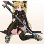  bardiche blonde_hair brown_eyes fate_testarossa gloves highres legs lips long_hair lyrical_nanoha mahou_shoujo_lyrical_nanoha mahou_shoujo_lyrical_nanoha_a's mahou_shoujo_lyrical_nanoha_strikers scharfschutze sitting solo thighhighs twintails weapon 