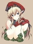  alleyne_(queen's_blade) blonde_hair blue_eyes blush braid breasts cape cleavage detached_sleeves elf erect_sawaru hat huge_breasts long_hair open_mouth pointy_ears queen's_blade side_braid solo sweat 