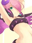  ahoge ar_ru ar_tonelico ar_tonelico_iii armpits arms_up dragon flat_chest green_eyes hair_over_one_eye horns kuro_(be_ok) midriff navel open_mouth pink_hair short_hair smile solo wings 