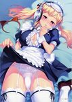  blonde_hair blush breasts cleavage copyright_request garter_straps headphones highres itou_daiiku large_breasts maid maid_headdress panties red_eyes solo thighhighs underwear 