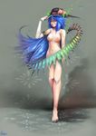  barefoot blue_hair breasts hat highres hinanawi_tenshi large_breasts long_hair nipples nude red_eyes solo sukya touhou 