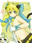  animal_ears aqua_eyes bad_id bad_pixiv_id banana bell belt blonde_hair blush bow cat_ears food fruit gloves headphones jingle_bell kadokoa kagamine_len magical_nuko-lenlen_(vocaloid) male_focus navel ribbon shirtless solo staff tail translated vocaloid white_gloves 