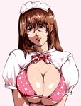  bow bowtie breast_squeeze breasts brown_eyes brown_hair cleavage glasses large_breasts long_hair maid_headdress original saruanu solo 