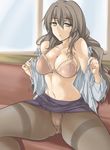  bags_under_eyes bra breasts brown_eyes brown_hair cleavage curvy fat_mons kiyama_harumi large_breasts lingerie looking_at_viewer momio open_clothes open_shirt panties panties_under_pantyhose pantyhose pencil_skirt shirt skirt solo spread_legs sweat thighband_pantyhose to_aru_kagaku_no_railgun to_aru_majutsu_no_index underwear undressing white_panties 