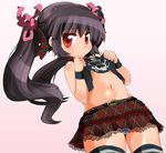  black_hair flat_chest kooh navel pangya panties red_eyes sasago_kaze shirt_lift skirt skull_and_crossbones solo striped striped_panties tank_top thighhighs twintails underwear 