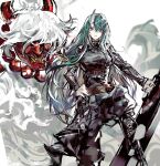  1girl 1other arknights bangs belt breasts green_hair hand_on_hip highres holding horns hoshiguma_(arknights) large_breasts long_hair long_sleeves looking_at_viewer mask oni oni_horns oni_mask remsrar shield single_horn yellow_eyes 