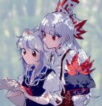  2girls arm_up backlighting bangs blue_hair blunt_bangs blurry blurry_background bow closed_mouth collared_shirt dappled_sunlight expressionless from_side fujiwara_no_mokou hair_bow half_updo hand_on_another&#039;s_head hand_up hands_up hat hat_removed headwear_removed height_difference holding holding_clothes holding_hat holding_paper itomugi-kun kamishirasawa_keine light_blue_hair long_hair looking_at_another looking_down multiple_girls neckerchief outdoors paper puffy_short_sleeves puffy_sleeves red_eyes red_neckerchief shirt short_sleeves sunlight suspenders swept_bangs tokin_hat touhou upper_body white_bow white_hair white_shirt wing_collar 
