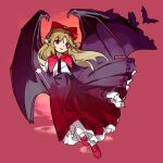  1girl arms_behind_back black_skirt black_vest black_wings blonde_hair bow buttons demon_wings elis_(touhou) facial_mark full_body hair_bow kaigen_1025 long_hair looking_at_viewer open_mouth pointy_ears purple_eyes red_background red_bow red_footwear shirt shoes skirt smile solo star_wand touhou touhou_(pc-98) vest wand white_shirt wings 