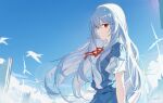  1girl ayanami_rei bangs blue_background blue_hair blue_skirt blue_sky closed_mouth cloud cloudy_sky evangelion:_3.0+1.0_thrice_upon_a_time expressionless highres long_hair looking_at_viewer neon_genesis_evangelion outdoors rebuild_of_evangelion red_eyes red_ribbon ribbon school_uniform shirt short_sleeves skirt sky solo upper_body white_shirt yajuu 