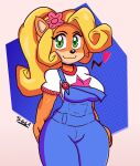  &lt;3 accessory activision anthro bandicoot big_breasts blonde_hair blue_background blue_overalls breasts clothed clothing coco_bandicoot crash_bandicoot_(series) eyelashes female flower flower_in_hair fur green_eyes hair hair_accessory hi_res looking_at_viewer mammal marsupial orange_body orange_fur overalls pink_background plant ponytail shirt simple_background smile solo supergal64 tan_body tan_fur thick_thighs topwear white_clothing white_shirt white_topwear wide_hips 