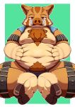  absurd_res aciag brown_body brown_fur chest_tuft fangs fur hi_res hooves leather looking_at_viewer male mammal nipples overweight pig_nose simple_background solo suid suina sus_(pig) teeth tuft wild_boar 