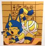  animal_crossing ankha_(animal_crossing) anthro ass_up bandage big_breasts big_butt blue_body blue_fur blue_hair breasts brown_background butt carpet domestic_cat egyptian_headdress eyes_closed felid feline felis female fur hair hi_res lewdpunch mammal markings nintendo open_mouth pawpads short_hair short_stack simple_background solo striped_markings striped_tail stripes tail tail_markings thick_thighs wide_hips yawn yellow_body yellow_fur 