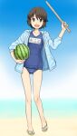  1girl :d alternate_costume blue_sweater brown_eyes brown_hair food fruit full_body holding holding_food holding_fruit holding_stick hood hoodie kantai_collection kumadano miyuki_(kancolle) name_tag old_school_swimsuit one-piece_swimsuit sandals school_swimsuit short_hair smile solo stick sweater swimsuit sword watermelon weapon wooden_sword 