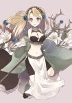  1girl atelier_(series) atelier_marie black_shorts blonde_hair blue_eyes breasts cleavage closed_mouth flower hair_ornament hairband highres kuromame_(honey_728) large_breasts loincloth long_hair long_sleeves looking_at_viewer low-tied_long_hair midriff navel shorts simple_background smile solo staff 