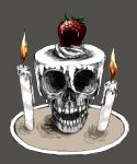  #b7282e bad_food candle commentary_request cream fire food food_focus fruit grey_background highres icing no_humans original partial_commentary plate simple_background skull strawberry teeth 