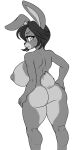  anthro big_breasts breasts butt daigaijin female fur greyscale hair hi_res lagomorph leporid looking_back mammal monochrome rabbit rear_view scut_tail short_tail simple_background solo tail white_background 