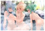  3girls all_fours ass back bangs blonde_hair blue_eyes blue_hair blush border breast_envy breast_grab breasts closed_mouth colored_tips commentary_request completely_nude elira_pendora ex_idol finana_ryugu grabbing green_hair hair_bun hair_over_one_eye head_fins head_wings light_blue_hair long_hair looking_at_another looking_at_viewer median_furrow medium_breasts multicolored_hair multiple_girls nijisanji nipples nude one_eye_covered onsen open_mouth partially_submerged pointy_ears pomu_rainpuff red_eyes rock sidelocks small_breasts steam twitter_username virtual_youtuber water wet white_border 