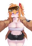  1girl absurdres ahoge blue_eyes bow breasts covered_nipples cowboy_shot crop_top dolphin_shorts eonsang eyewear_on_head girls&#039;_frontline griffin_&amp;_kryuger_military_uniform hair_bow hair_ornament hairclip heart highleg highleg_panties highres jacket kalina_(girls&#039;_frontline) large_breasts looking_at_viewer open_clothes open_jacket orange_hair outstretched_arms panties pov short_shorts shorts side_ponytail smile standing sunglasses tinted_eyewear underwear white_background 