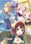  4girls :d atelier_(series) atelier_firis atelier_lydie_&amp;_suelle atelier_sophie bird blue_sky blush book bow brown_hair closed_mouth crystal dress firis_mistlud green_eyes hair_ornament hairband head_scarf highres jewelry kuromame_(honey_728) long_hair looking_at_viewer lydie_marlen multiple_girls necklace one_eye_closed open_mouth pink_eyes pink_hair plachta profile red_eyes red_hair ribbon short_hair siblings sisters sky smile sophie_neuenmuller suelle_marlen twins yellow_bow 