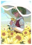  1girl absurdres ascot blurry blurry_background closed_mouth depth_of_field dgt_lemon field flower flower_field from_side garden_of_the_sun green_hair highres holding holding_flower kazami_yuuka parasol plaid plaid_vest red_eyes red_vest short_hair skirt solo sunflower touhou umbrella vest yellow_ascot yellow_flower 