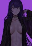  1girl areola_slip bangs black_choker breasts chinese_commentary choker collarbone commentary_request genshin_impact hand_in_own_hair highres large_breasts long_hair long_sleeves looking_at_viewer navel open_clothes parted_lips purple_background purple_eyes purple_hair raiden_shogun selcky smile solo 