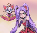  :d :p ;p animal bangs bare_shoulders blue_eyes blush book breasts cat detached_collar detached_sleeves hair_ornament heart heart_hair_ornament heartseeker_jinx heartseeker_yuumi league_of_legends leaning_forward long_hair multicolored_background one_eye_closed open_book open_mouth parted_bangs phantom_ix_row pink_hair pleated_skirt red_skirt skirt small_breasts smile sweat tongue tongue_out twintails 