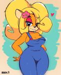  &lt;3 accessory activision anthro bandicoot big_breasts blonde_hair blue_background blue_eyes blue_overalls blush blush_lines breasts cleavage clothed clothing coco_bandicoot crash_bandicoot_(series) eyelashes eyeshadow female flower flower_in_hair fur hair hair_accessory hand_on_hip hi_res looking_at_viewer makeup mammal marsupial orange_body orange_fur overalls pink_eyeshadow plant ponytail simple_background smile solo supergal64 tan_background tan_body tan_fur thick_thighs wide_hips 