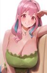  1girl absurdres bangs bare_shoulders blue_hair blush breasts cleavage collarbone colored_inner_hair grin highres hozuki_kaede jewelry large_breasts long_hair looking_at_viewer multicolored_hair necklace onii-chan_wa_oshimai! pink_eyes pink_hair rororo smile solo strapless tube_top 
