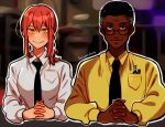  1boy 1girl animification artist_name bangs black_hair black_necktie braid braided_ponytail breaking_bad chainsaw_man collared_shirt dark-skinned_male dark_skin gustavo_fring highres huyandere looking_at_viewer makima_(chainsaw_man) medium_hair necktie own_hands_together red_hair ringed_eyes semi-rimless_eyewear shirt short_hair sidelocks smile white_shirt yellow_eyes 