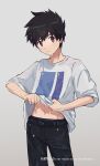  1boy artist_name bangs belt black_belt black_hair black_pants blush closed_mouth commentary frown grey_background grey_shirt highres looking_at_viewer male_focus minakata_ryuunosuke navel pants print_shirt purple_eyes shirt short_hair short_sleeves simple_background solo standing summertime_render tok_nuts water_drop watermark wet wet_clothes wet_hair wet_shirt wringing_clothes 