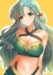  1girl aqua_hair bare_shoulders bikini chloe_(fire_emblem) collarbone commentary criss-cross_halter edamameoka fire_emblem fire_emblem_engage green_bikini green_eyes halterneck head_tilt highres long_hair looking_at_viewer navel outline simple_background smile solo stomach swimsuit upper_body very_long_hair white_outline yellow_background 