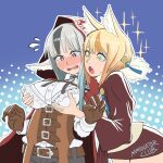  2girls :o animal_ear_fluff animal_ears belt blonde_hair blush breast_grab breasts brown_belt brown_gloves corset embarrassed fang fire_emblem fire_emblem_fates fox_ears fox_girl gloves grabbing grey_hair hood multiple_girls red_eyes samanator_club selkie_(fire_emblem) shirt velouria_(fire_emblem) white_shirt wolf_ears wolf_girl 