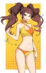  1girl bangs bikini breasts brown_hair cleavage cleavage_cutout clothing_cutout earrings fingernails hand_in_own_hair highres jewelry kujikawa_rise legs long_fingernails milka_(milk4ppl) navel open_mouth orange_background pale_skin persona persona_4 swimsuit twintails water_drop 