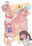  &gt;_&lt; 2girls :o @_@ absurdres ahoge arm_up ass bangs bare_arms bare_legs bare_shoulders bikini black_hair blue_bikini blush braid brown_eyes casual_one-piece_swimsuit cellphone colored_inner_hair commentary_request dodo24850918 flat_ass flat_chest flower frilled_bikini frills grey_hair hair_flower hair_ornament hat hat_flower heart heart_in_mouth highres holding holding_phone jewelry looking_at_viewer looking_back low_twintails midriff multicolored_hair multiple_girls multiple_views navel nose_blush one-piece_swimsuit onii-chan_wa_oshimai! open_mouth oyama_mahiro pendant phone pink_bikini pink_hair ponytail purple_hair siblings side_braid simple_background single_braid sisters smartphone solo sun_hat swimsuit twintails two-tone_hair yellow_one-piece_swimsuit 