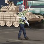  1girl absurdres animal_ears arm_up blue_archive blue_pants building cat_ears cityscape denim gobyl green_shirt ground_vehicle gun highres holding holding_gun holding_weapon jeans military military_vehicle motor_vehicle night outdoors pants shiroko_(blue_archive) shirt tank walking weapon white_hair 