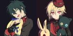  2boys black_background black_hair blonde_hair blue_eyes closed_mouth ensemble_stars! hat heterochromia kagehira_mika looking_at_viewer looking_to_the_side male_focus mini_hat mini_top_hat multicolored_background multiple_boys nito_nazuna open_mouth red_background red_eyes shokill short_hair smile stuffed_animal stuffed_bunny stuffed_cat stuffed_toy top_hat yellow_eyes 