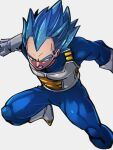  1boy blue_bodysuit blue_hair bodysuit dragon_ball dragon_ball_super gloves grey_background kemachiku male_focus simple_background solo super_saiyan super_saiyan_blue vegeta white_gloves 