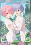  2girls architecture blue_eyes blue_hair breasts dress east_asian_architecture flower hair_over_one_eye highres large_breasts long_sleeves looking_at_viewer looking_back lotus multiple_girls outdoors ram_(re:zero) re:zero_kara_hajimeru_isekai_seikatsu rem_(re:zero) short_hair siblings sisters smile tamane_g twins vietnamese_dress white_dress 