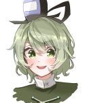  1girl :d bangs black_headwear commentary_request green_eyes green_hair hat looking_at_viewer open_mouth portrait smile soga_no_tojiko solo takana_(forsterite) tate_eboshi teeth touhou upper_teeth_only 