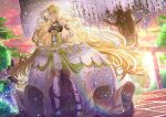  1girl bare_shoulders blonde_hair breasts butterfly_hair_ornament celine_(fire_emblem) cherry_blossoms cleavage commission crown dress fantasy fire_emblem fire_emblem_engage green_eyes hair_ornament highres kein_hasegawa large_breasts long_dress long_hair looking_away orange_wristband overskirt petals platform_footwear princess smile solo sunlight tree underboob very_long_hair wrist_bow yellow_headwear 